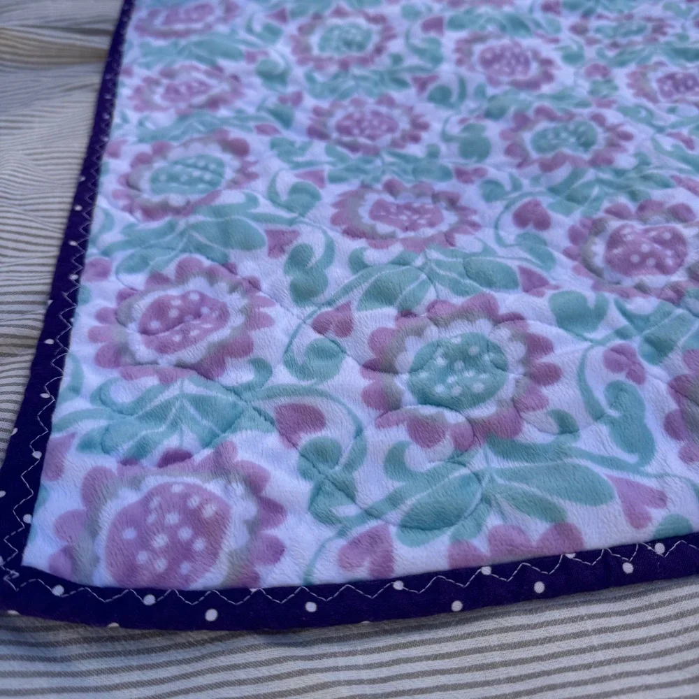 Handmade Patchwork Quilt 35x41 Purple Floral Minky Fleece Tie Dye Boho Baby